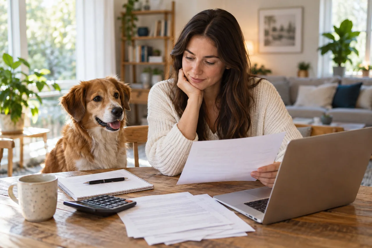 Owner considering paperwork at a laptop with a dog nearby